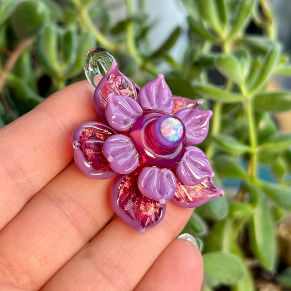 Sparkly Spinning Flower Pendant Spring Purple and Telemagenta