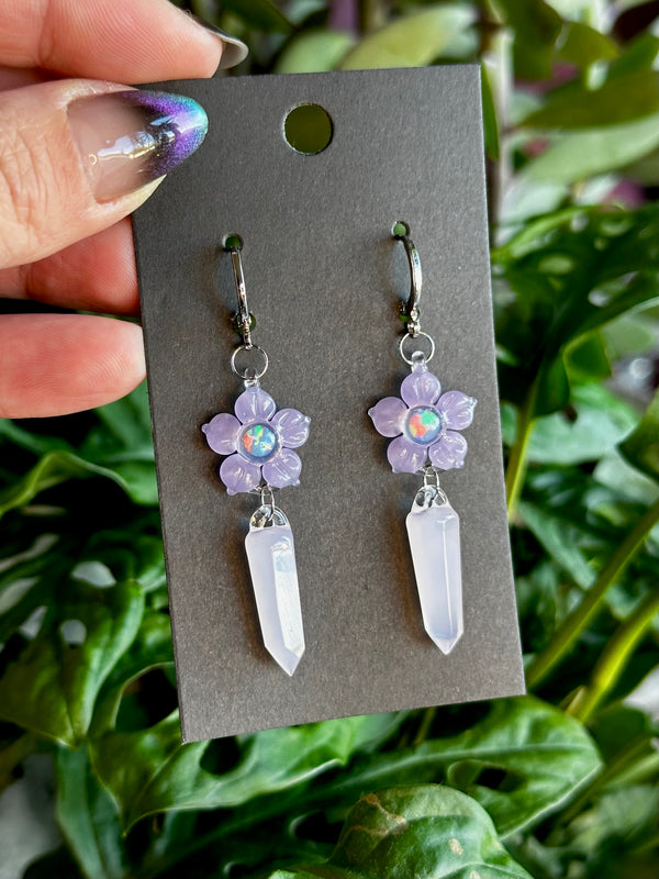 Opal Flower Earrings w/ Crystal Point Charm Purple