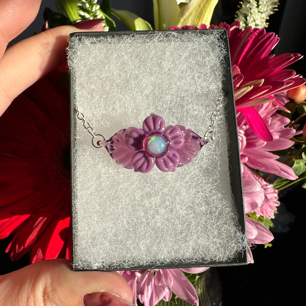 Opal Flower & Leaves Necklace Purple & Royal Jelly