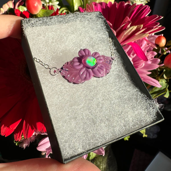 Opal Flower & Leaves Necklace Purple & Royal Jelly