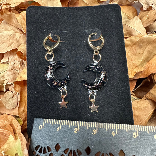 Moon & Star Charm Earrings - Black & Gold Sparkle