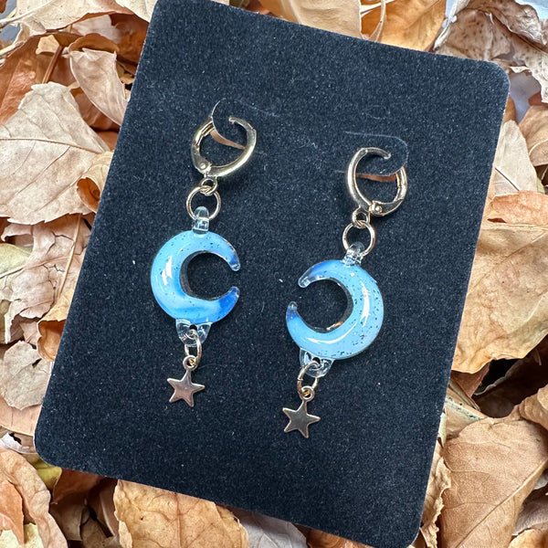 Moon & Star Charm Earrings - UV reactive Glopal and Gold Sparkle
