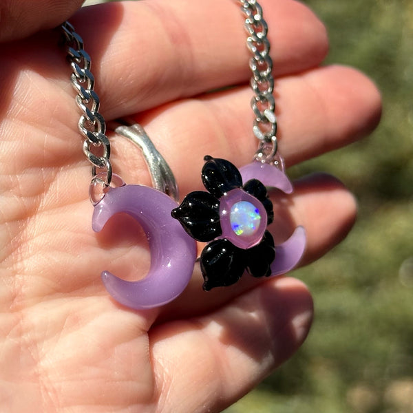 Triple Moon Necklace w/ Flower Black Purple