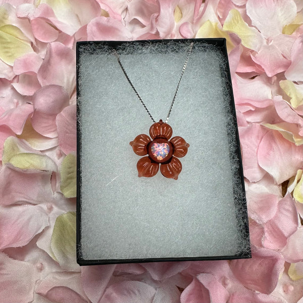 Valentine’s Heart Opal Flower Pendant - Red Sparkle