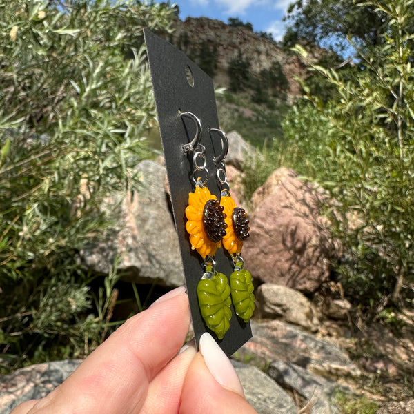 Sunflower Earrings with Leaf Charms #3