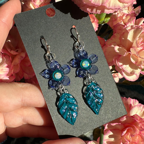 Opal Flower & Leaf Earrings in Blue