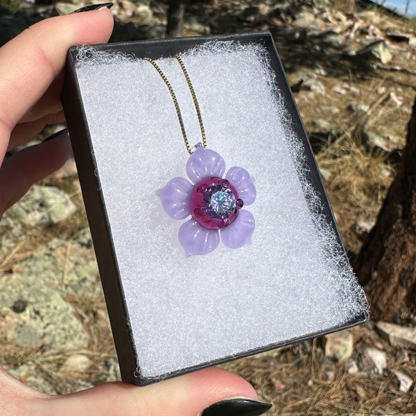 Flower Pendant with Cubic Zirconia Center Purple Satin