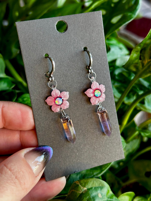 Opal Flower Earrings w/ Crystal Point Charm Pink