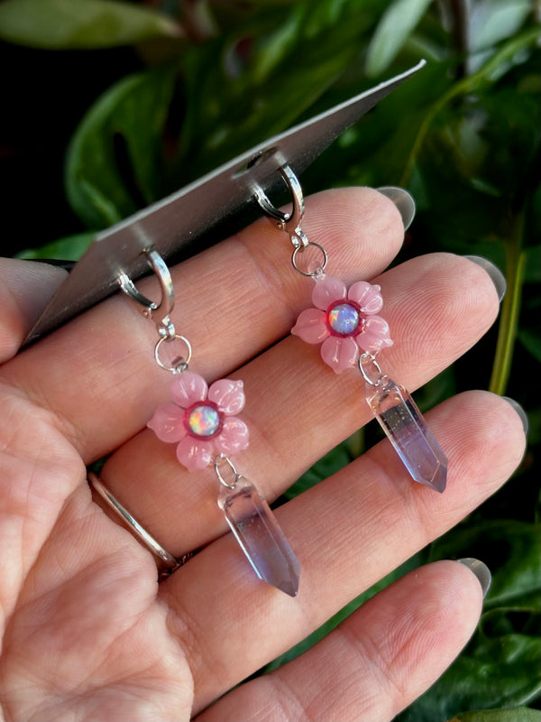 Opal Flower Earrings w/ Crystal Point Charm Pink