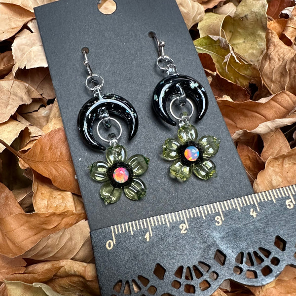 Moon Flower Earrings - UV reactive Citrine and Black Sparkle Moon