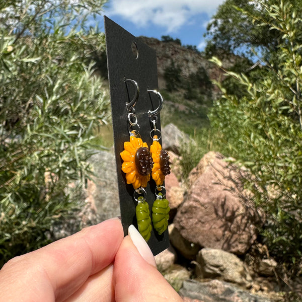 Sunflower Earrings with Leaf Charms #2