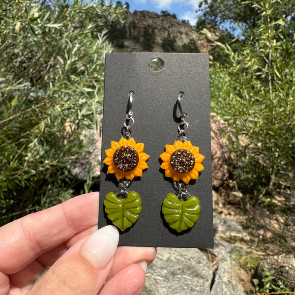 Sunflower Earrings with Leaf Charms #3