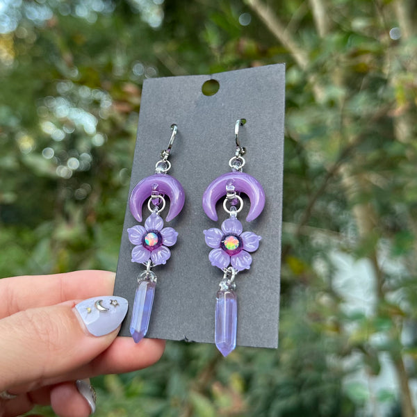 Moon Flower & Crystal Point Earrings Purple