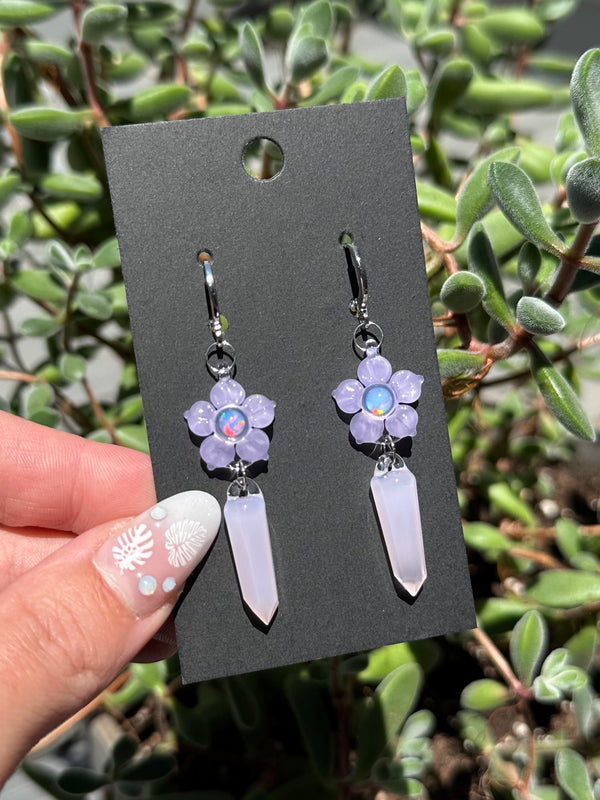 Flower & Crystal Point Earrings Rose Quartz