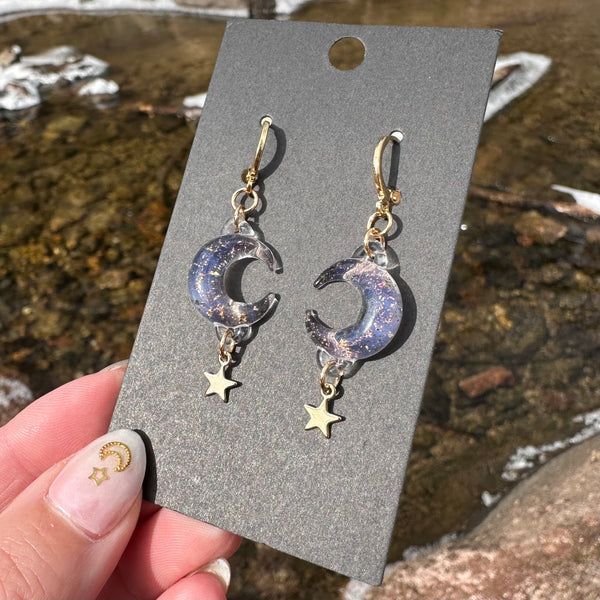 Moon & Star Charm Earrings - Peach Agate and Gold