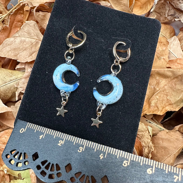 Moon & Star Charm Earrings - UV reactive Glopal and Gold Sparkle