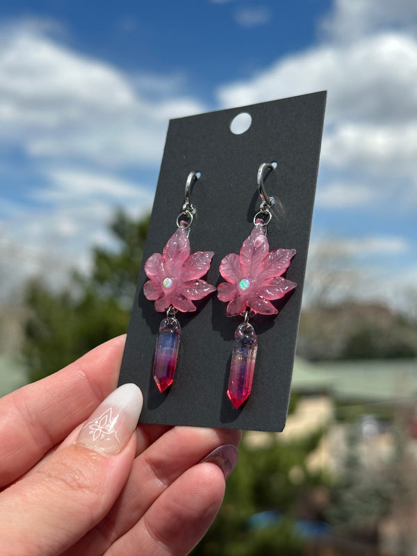 Canna Leaf & Crystal Earrings Pink