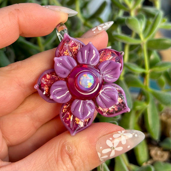 Sparkly Spinning Flower Pendant Spring Purple and Telemagenta