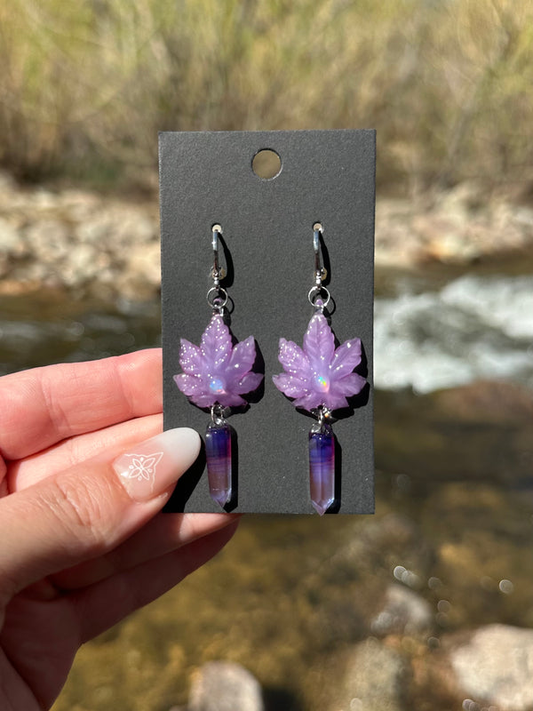 Canna Leaf & Crystal Point Earrings Purple