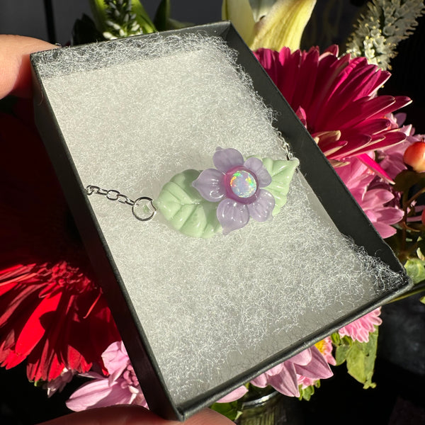 Opal Flower & Leaves Necklace Purple & Mint