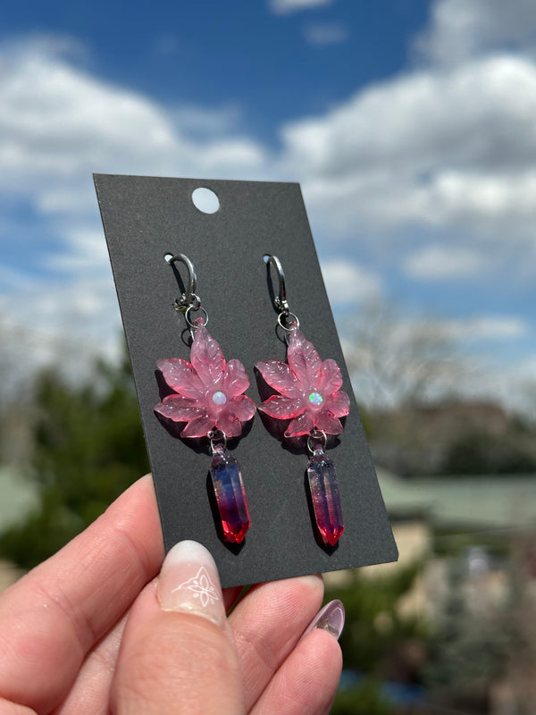 Canna Leaf & Crystal Earrings Pink