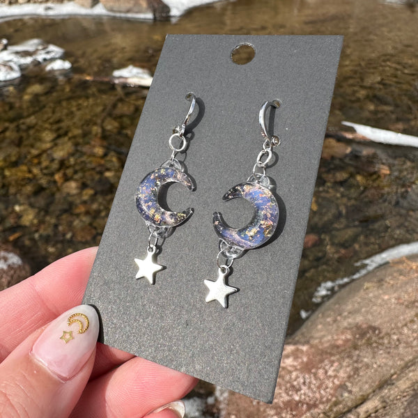 Moon & Star Charm Earrings - Peach Opal with Gold Sparkle (silver)