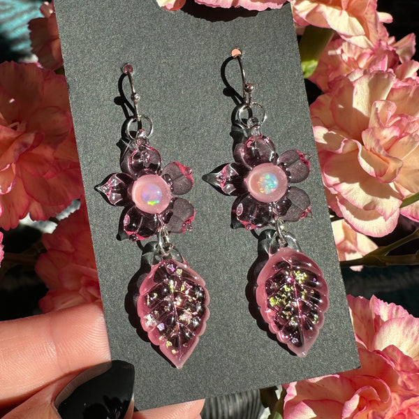 Opal Flower & Leaf Earrings in Pink