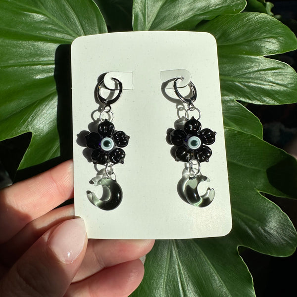 Moon and Evil Eye Flower Earrings Black