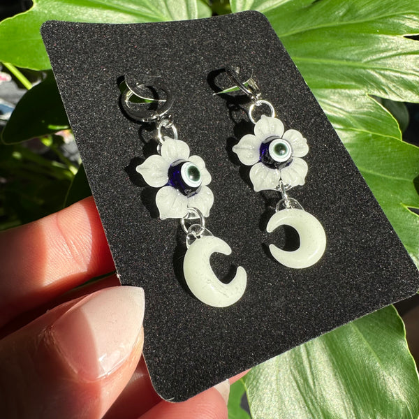 Moon and Evil Eye Flower Earrings Glow-in-the-dark White