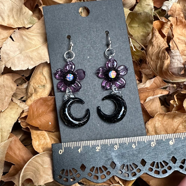 Moon Flower Earrings - Royal Jelly Flower and Black Crushed Opal Moon