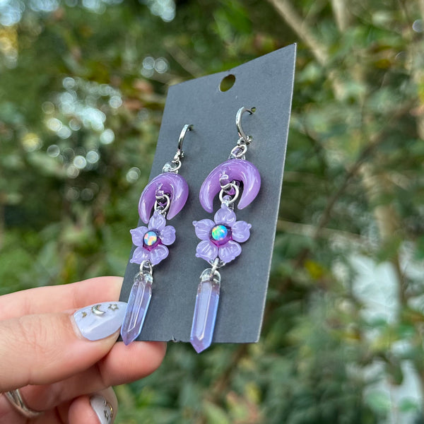 Moon Flower & Crystal Point Earrings Purple