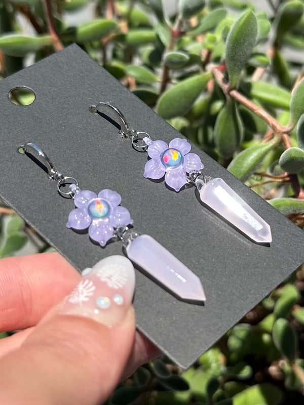 Flower & Crystal Point Earrings Rose Quartz