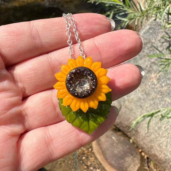 Sunflower Glass Pendant with Leaf #1