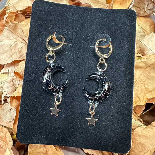 Moon & Star Charm Earrings - Black & Gold Sparkle