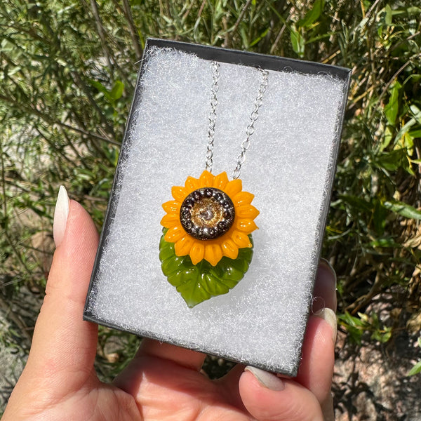 Sunflower Glass Pendant with Leaf #1