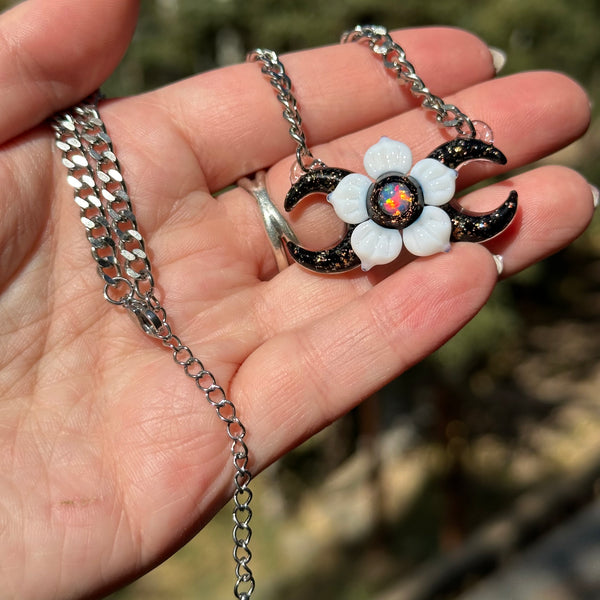 Triple Moon Necklace w/ Flower Gold and Black