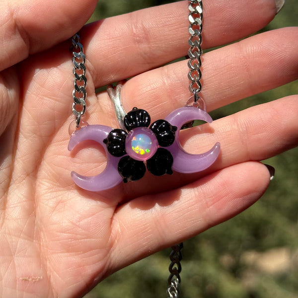 Triple Moon Necklace w/ Flower Black Purple