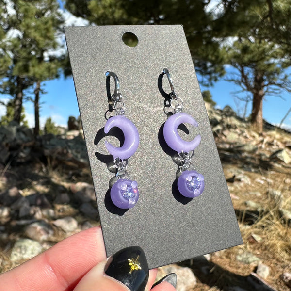 Moon Earrings with Cubic Zirconia Charm Purple Satin