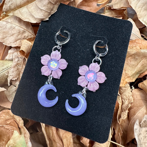 Moon Flower Earrings - Purple Satin and Blush