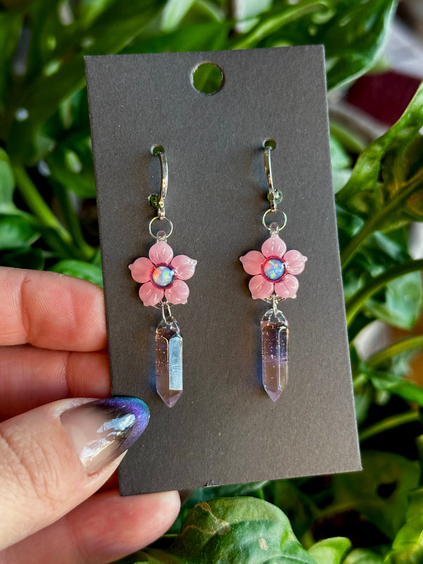 Opal Flower Earrings w/ Crystal Point Charm Pink