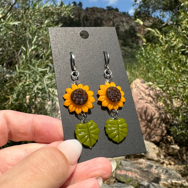 Sunflower Earrings with Leaf Charms #2