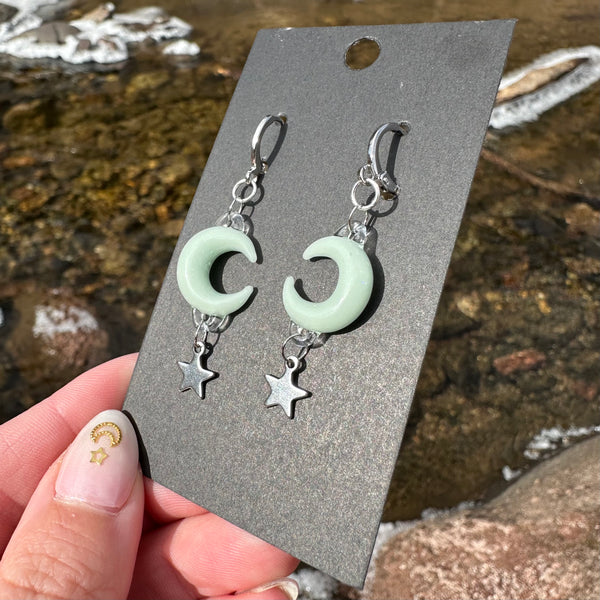 Moon & Star Charm Earrings - Mint Crushed Opal