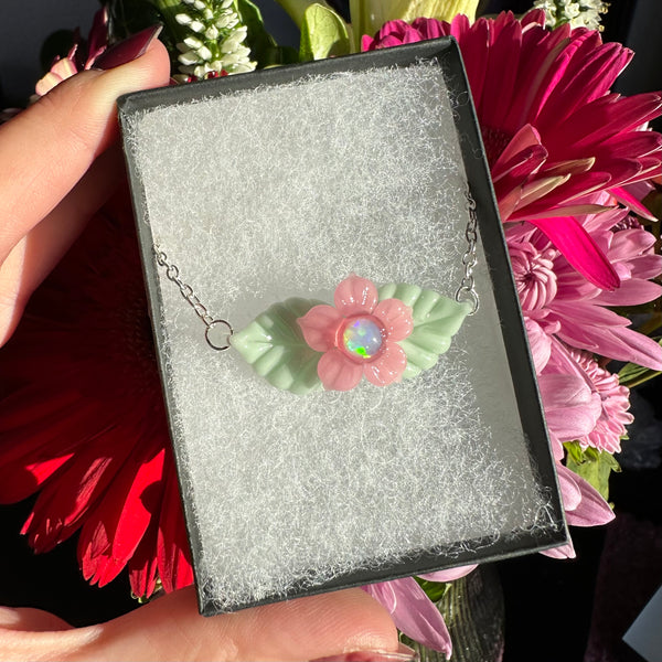 Opal Flower & Leaves Necklace Pink & Mint