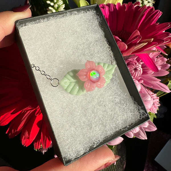 Opal Flower & Leaves Necklace Pink & Mint