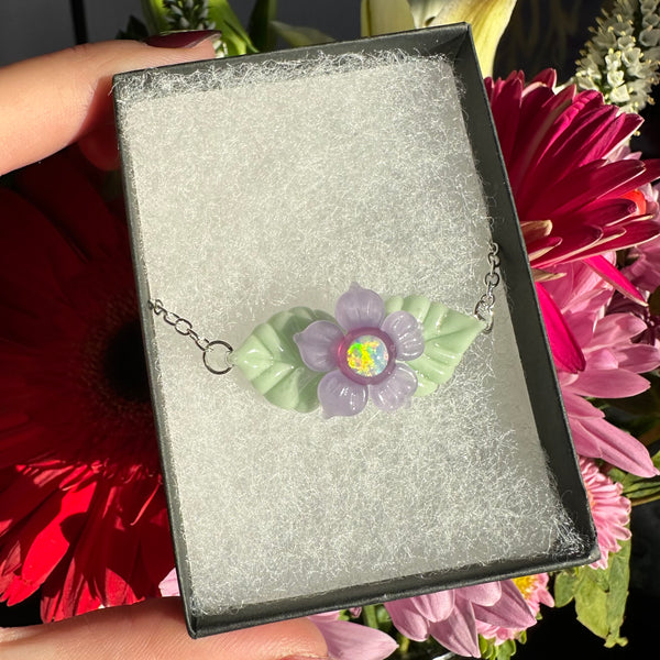 Opal Flower & Leaves Necklace Purple & Mint