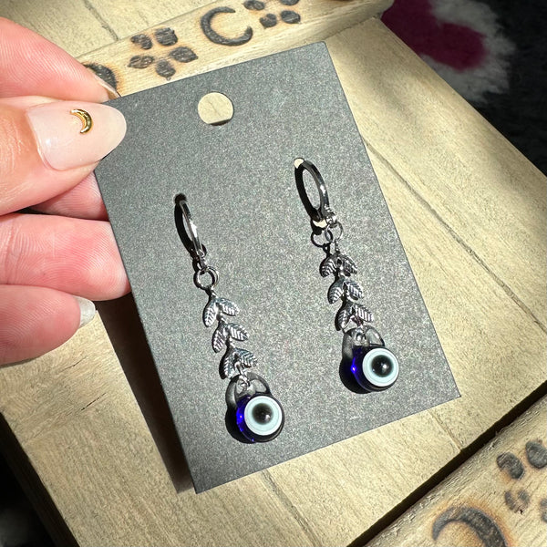 Evil Eye Earrings Blue with Leaves