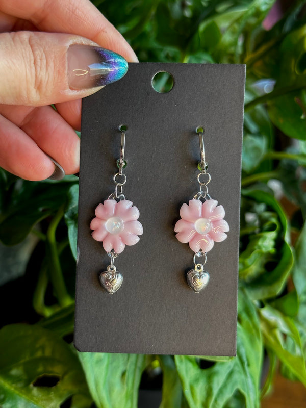 Cherry Blossom Earrings w/ Metal Hearts