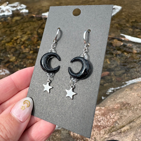 Moon & Star Charm Earrings - Black Crushed Opal