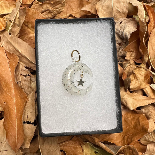 Moon Necklace with Star Charm - gold & UV Reactive White Satin