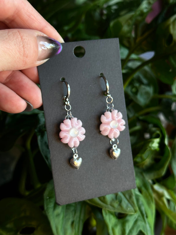 Cherry Blossom Earrings w/ Metal Hearts